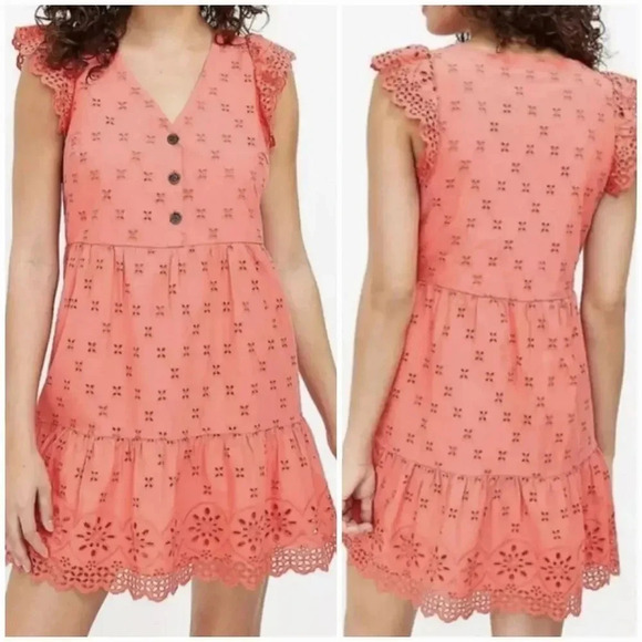 LOFT Coral Embroidered Eyelet Flutter Sleeve Tiered Ruffle Shift Sun Dress SZ 8 - Picture 1 of 11
